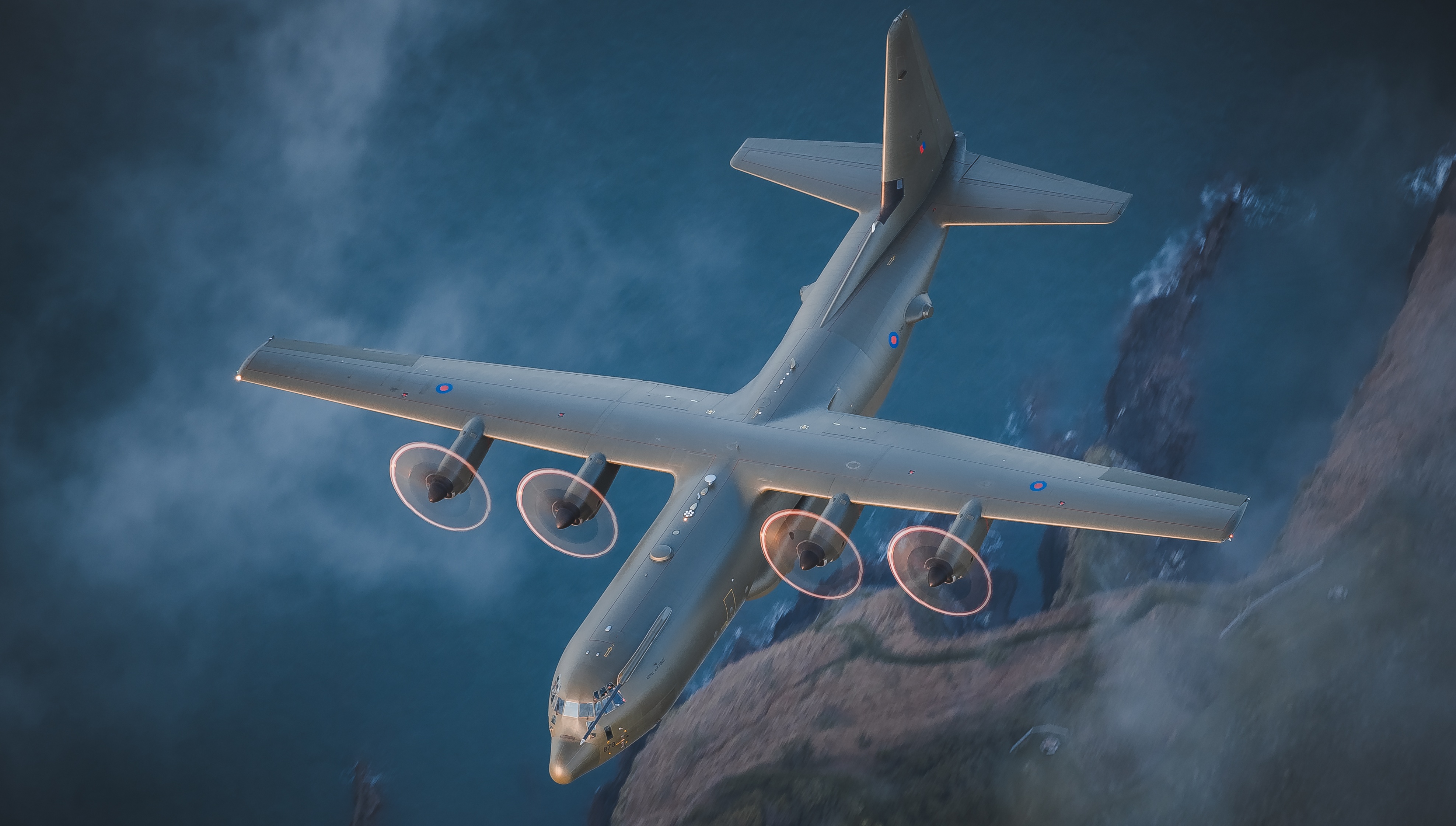 RAF C-130J Aircraft Conduct Low Flying Formation Training